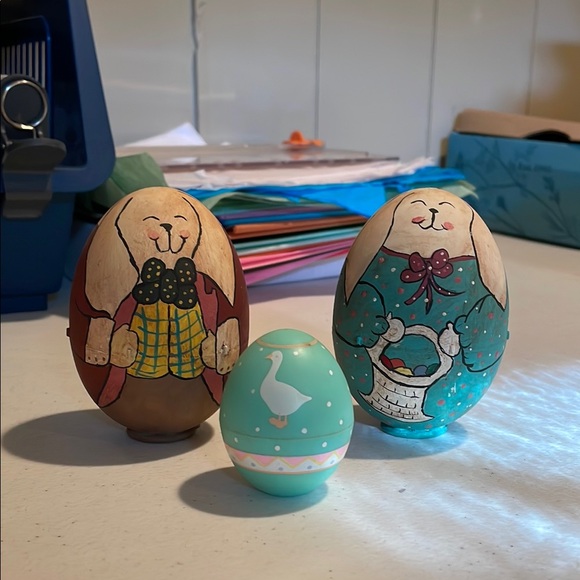 Hand-Painted Bunny Egg Figurines Set - Brown, Teal, and Cream - Picture 1 of 15